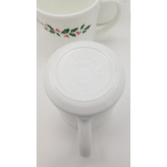 4 Corning Winter Holly Mugs, Milk Glass Corelle Cups, Berries White Stem - Picture 3 of 3